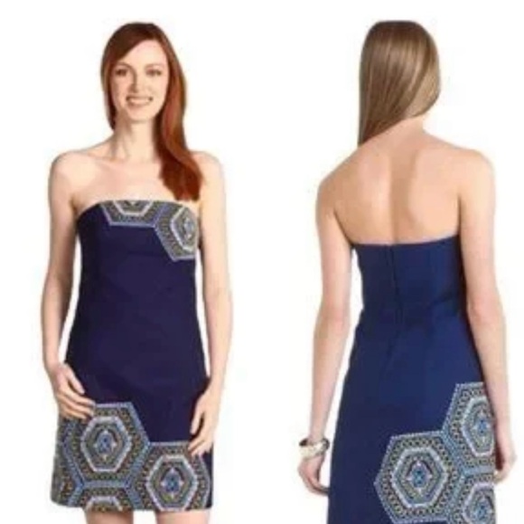 Lilly Pulitzer Strapless Dress in Navy with Geometric Accents - Picture 1 of 3